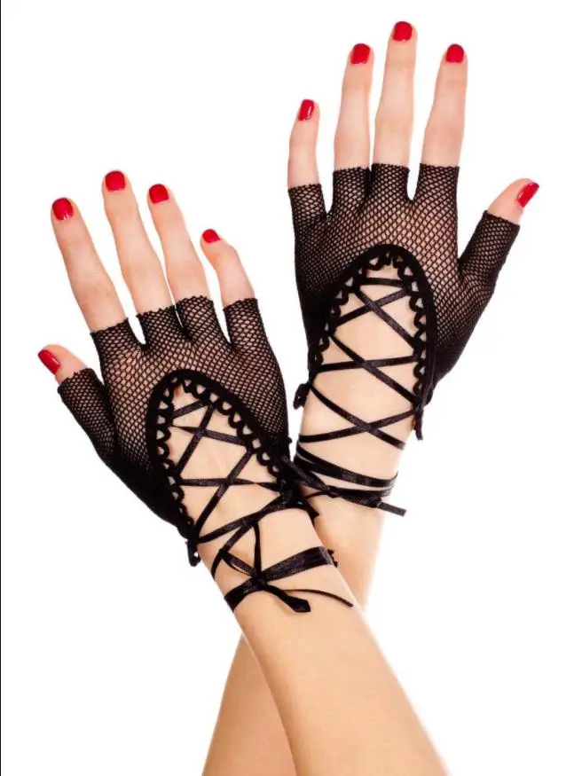 

Lace-Up Fishnet Fingerless Gloves Party Costume Decoration Half-Finger Gothic Steam Punk Glove Halloween Wear Props Black 20pair