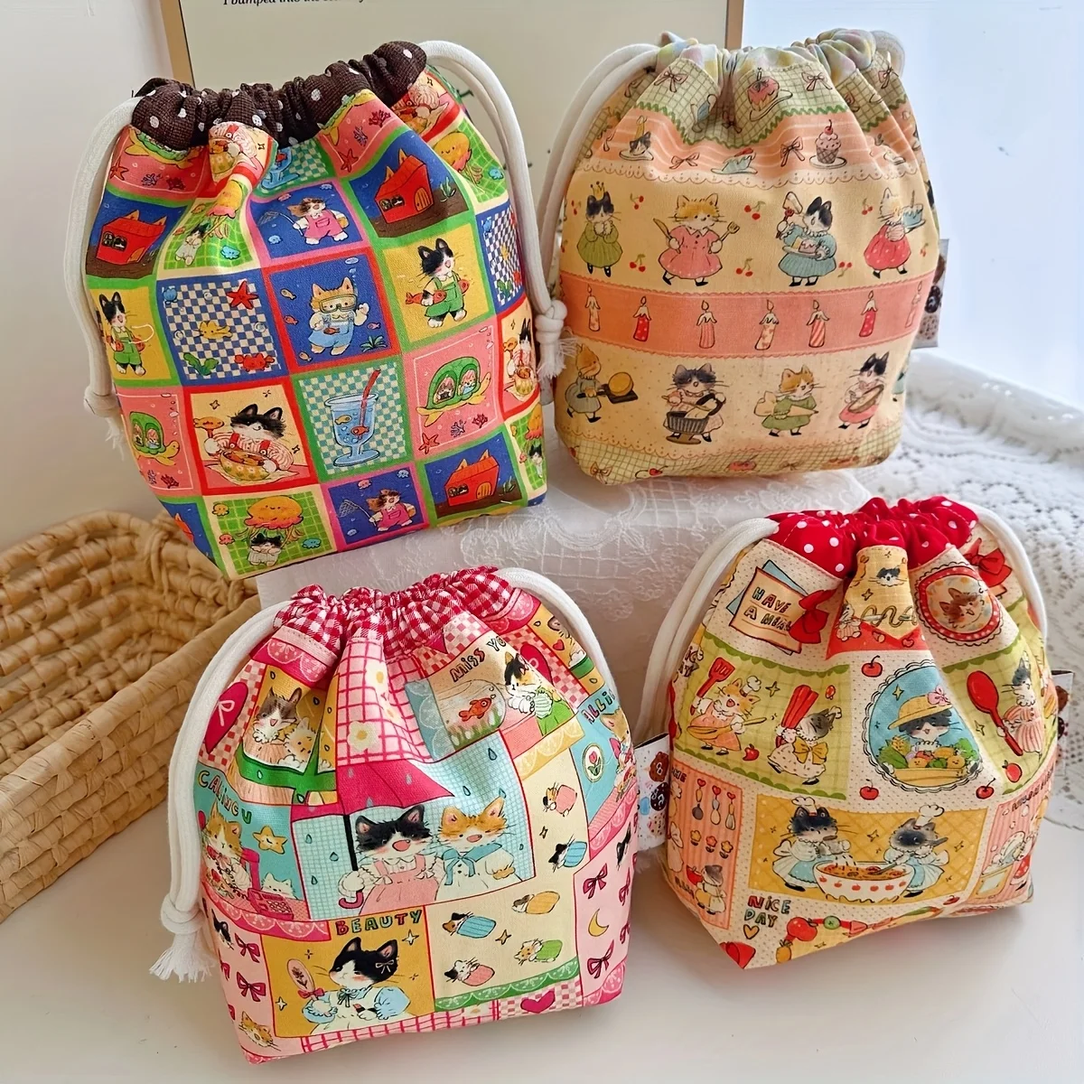 Cute Cartoon Cat Canvas Drawstring Bag 1pc Portable Travel Storage Pouch Jewelry Cosmetics Sorting Dust Organizer Home Hanging