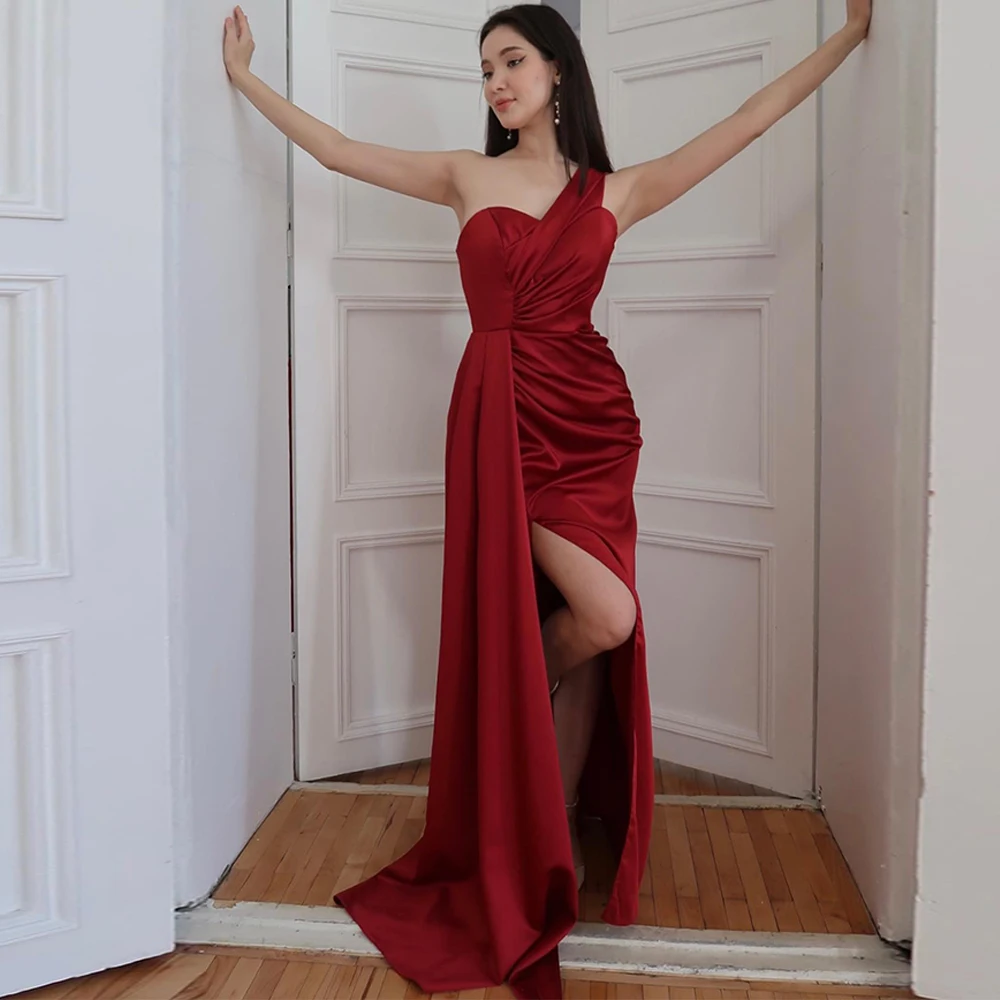 

Simple Burgundy Satin Evening Dress Customized Mermaid One Shoulder Sleeveless Homecoming Dresses Soft Zipper Back Party Gowns