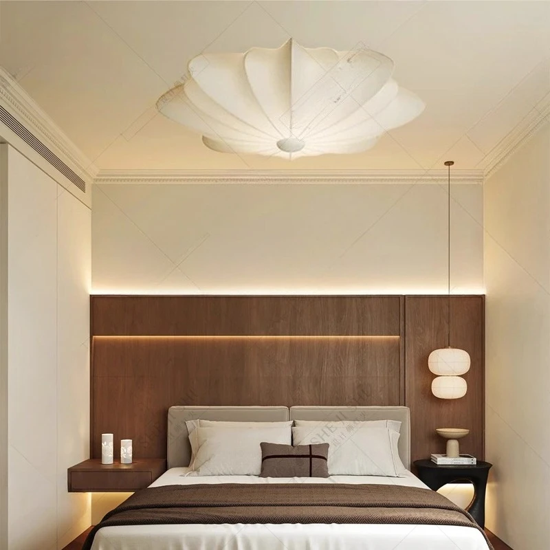 

Japanese Wabi-sabi Rotundity Iron Art LED Ceiling Light White Silk Lampshade Living Room Bedroom Restaurant Kitchen Hanging Lamp