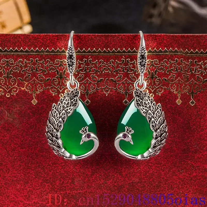 Green Real Jade Peacock Earrings Gift Energy Vintage Luxury 925 Silver Talismans Stone Natural Jewelry Designer Women