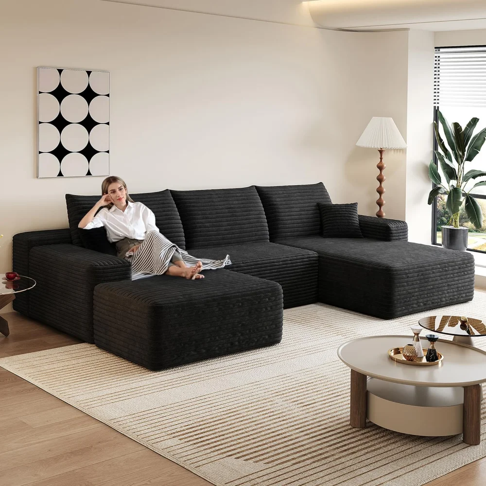 

107" Comfy U-Shaped Sectional Modern Boneless Corduroy Couch with Chaise ‌and Ottoman‌ - No Assembly Required! Deep-Seat