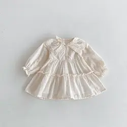 2024 autunno nuove ragazze colletto in pizzo solido vestito da principessa bambino manica lunga vestito Casual cotone bambini grande vestito con risvolto