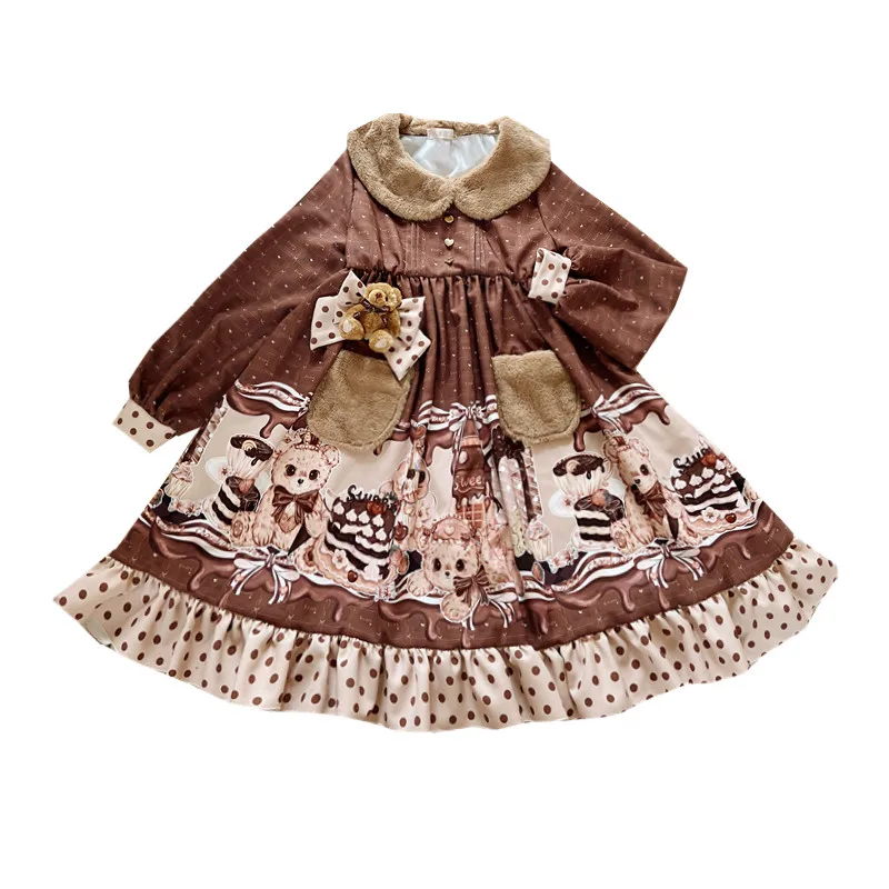 Lolita Autumn Winter Bobo Bear Teddy Retro Color Matching Warm Long-sleeved Peter Pan Collar High Waist Victorian Dress Cos