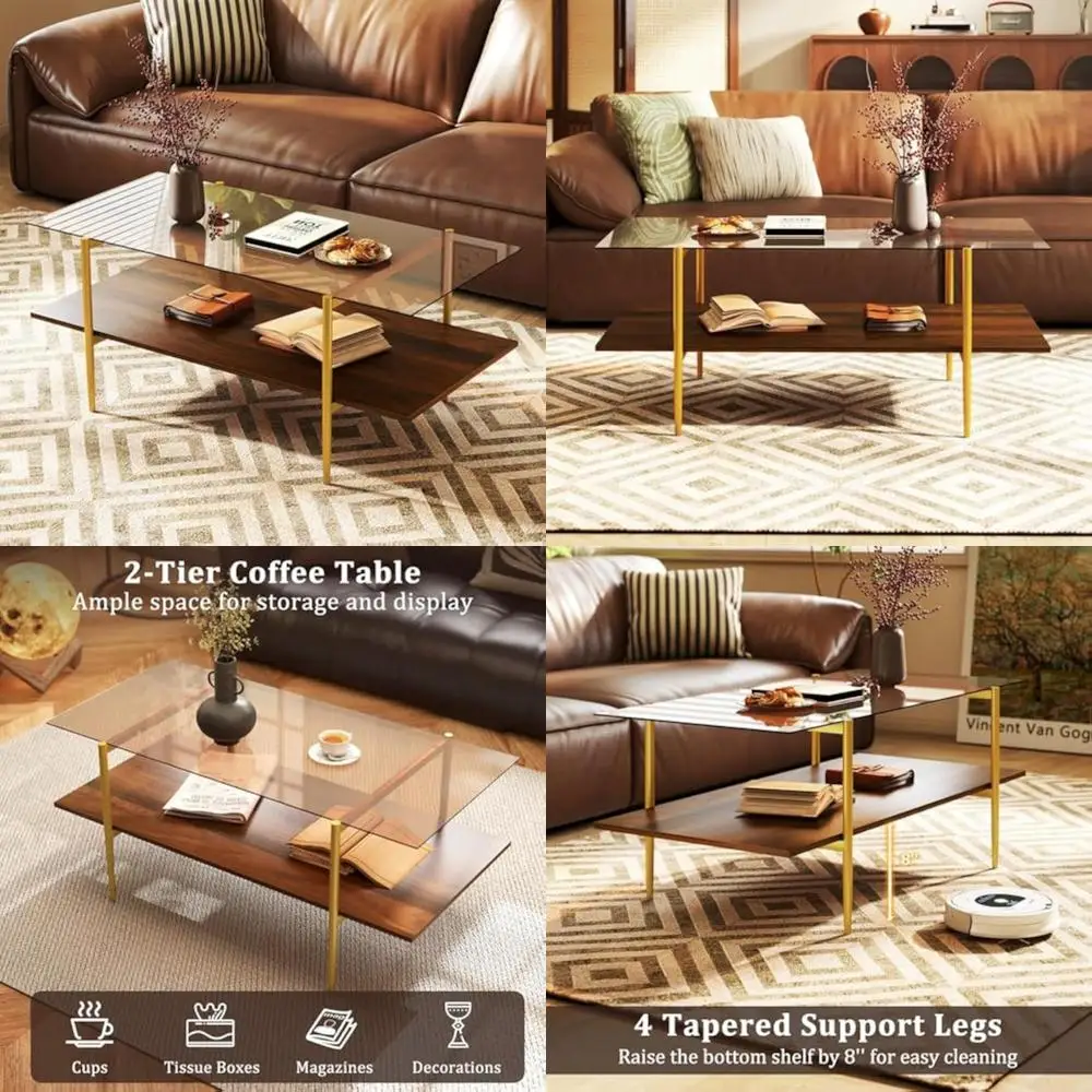 

Современный журнальный столик середины века со столешницей из янтарного закаленного стекла и полкой для хранения из орехового дерева