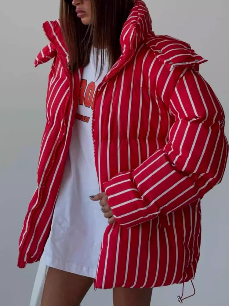 

Women's Loose Fit Warm Bread Coat 2025 Striped Hooded Cotton Jaet Winter Faion Versatile Multi-Color Options Available