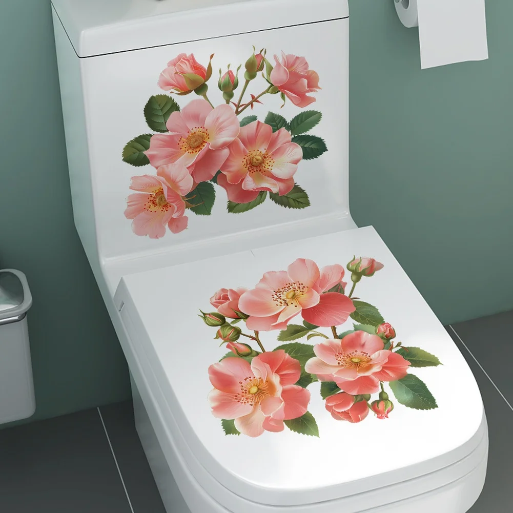 25*24cm Pink Floral Toilet Sticker for versatile Home Stickers PVC Moisture Resistant Sticker Easy Peel Application