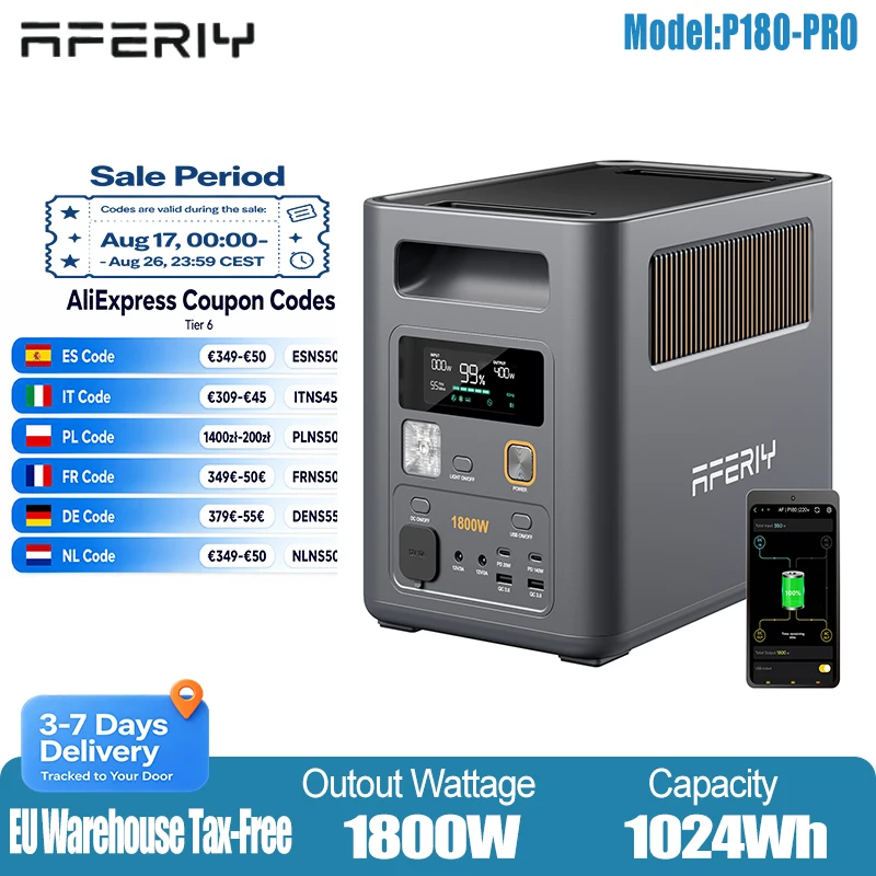 AFERIY 1800 PRO Tragbare Powerstation 1800W 3600W Spitzenleistung 1024WH LiFePO4 Solargenerator Erweiterbar auf 5120WH Notstromversorgung
