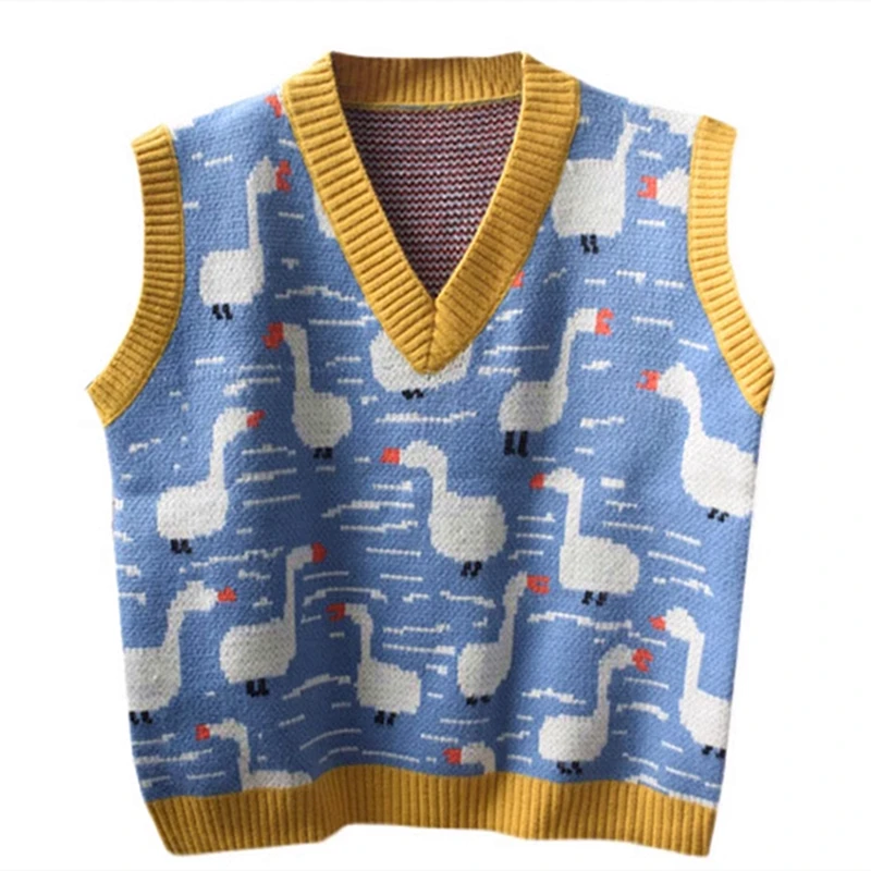 2023 Winter Women Sweater Vest Chic Cartoon Duck Embroidery Jacquard Knitted Sleeveless V-neck Sweet Sweaters Girl Pullovers Top