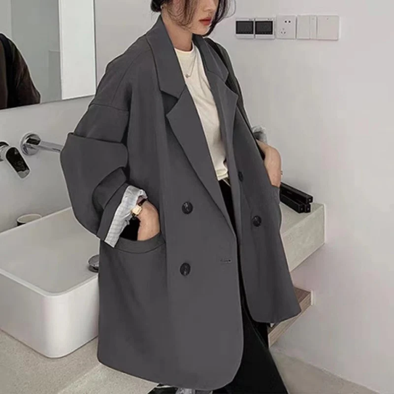 特大カジュアルブレザー女性のための春秋ルーズ多用途シングルブレストスーツジャケット気質ヴィンテージオフィスコート