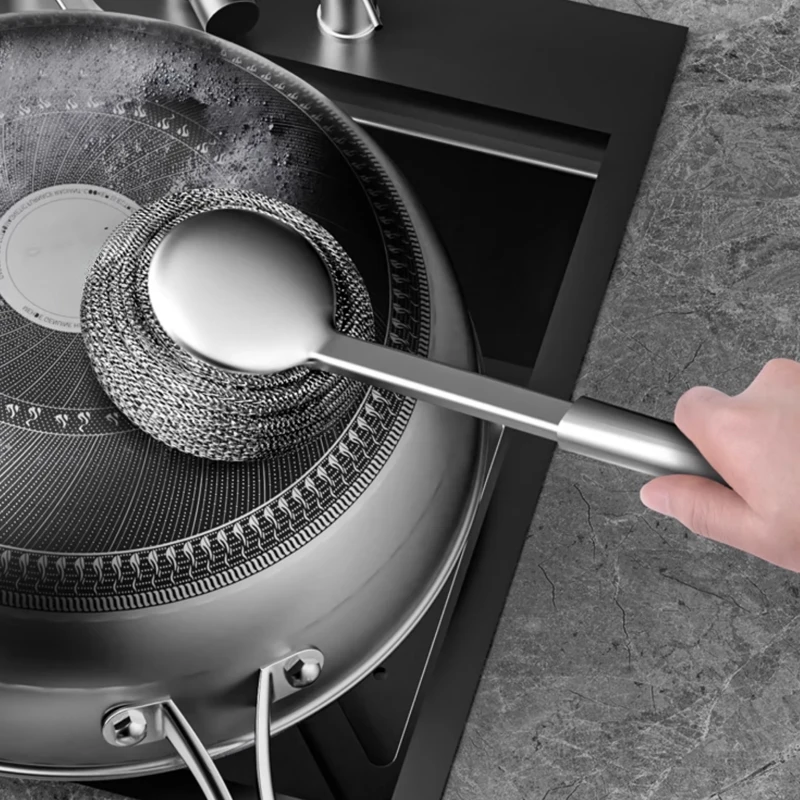 Long Handle Stainless Steel Pot Brush Steel Wool Ball Scrubber Heavy Duty Dish Pan Washing Tool for Kitchen Cleaning