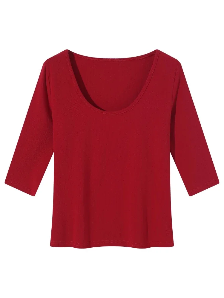 AOSSVIAO 2026 Herbst Neues Damen-T-Shirt Trendiges U-Ausschnitt Dreiviertelärmel-T-Shirt Minimalistisches Weißes Einfarbiges Vielseitiges Lässiges Oberteil – Detail 1