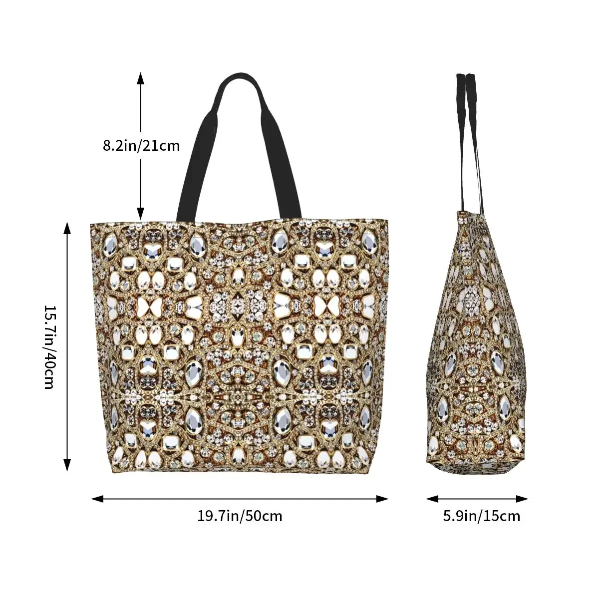 Jewelry Gemstone Silver Crystal Shopping Tote Bags Reusable Glitter Rhinestones Diamonds Groceries Canvas Shopper Shoulder Bag