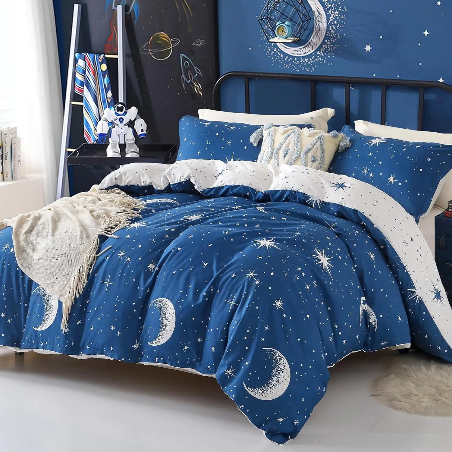 Single Duvet Cover Set Galaxy Moon Star Bedding Set For Boys Girls, Reversible Ultra Soft Duvet Cover (2Pcs, Blue,yellow,red)