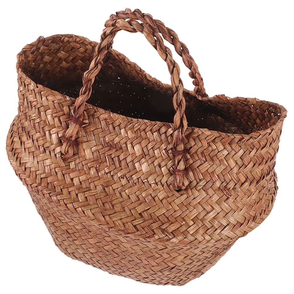 

Retro Coffee Straw Woven Seagrass Basket Foldable Plant Storage Bag Indoor Decor Multipurpose Flower Pot Room Planter
