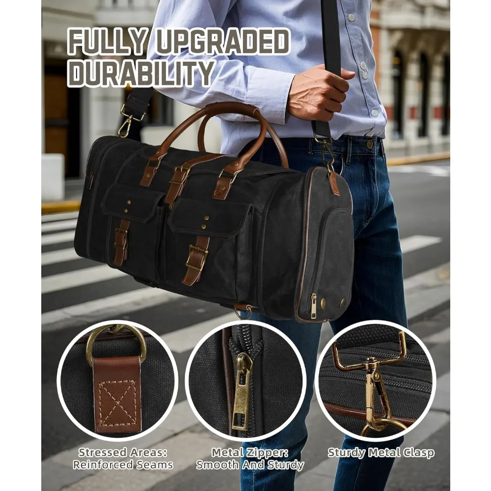 حقيبة واق من المطر قابلة للتوسيع من القماش المشمع العتيق للرجال سعة 45 لترًا، حقيبة سفر مقاومة للماء لعطلة نهاية الأسبوع مع حجرة للأحذية