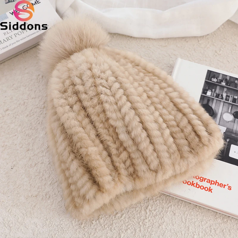 

Real Mink Fur Hat For Women New Brand Thicken Female Fur Caps Ladies Winter Knitted Mink Fur Beanies With Fox Fur Pompoms Hat