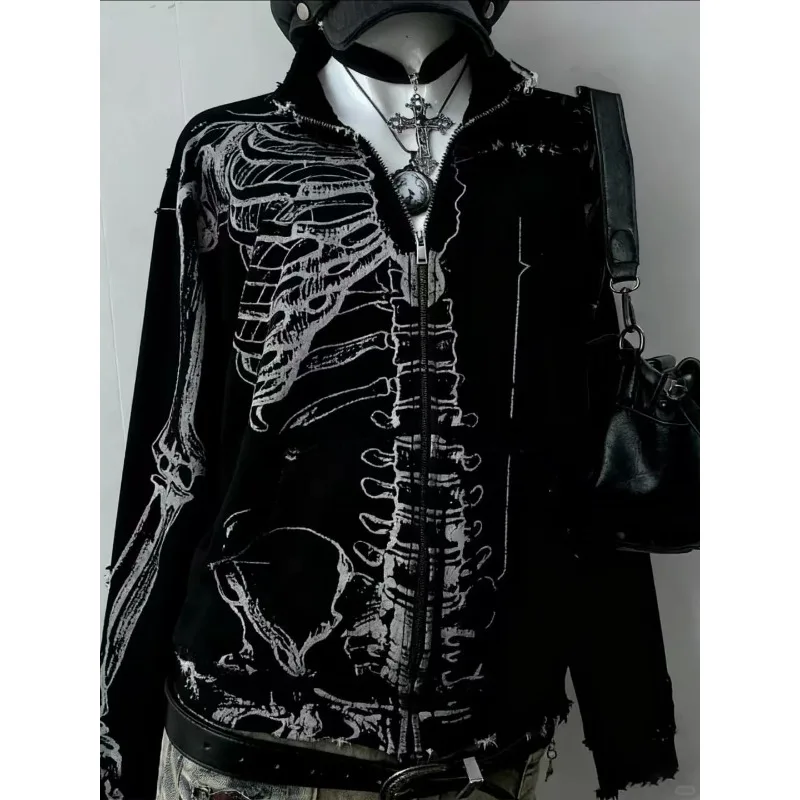 

Subculture Punk Vintage Vintage Skull Print Cardigan Stand Collar Coat Women's Autumn and Winter Velvet Top