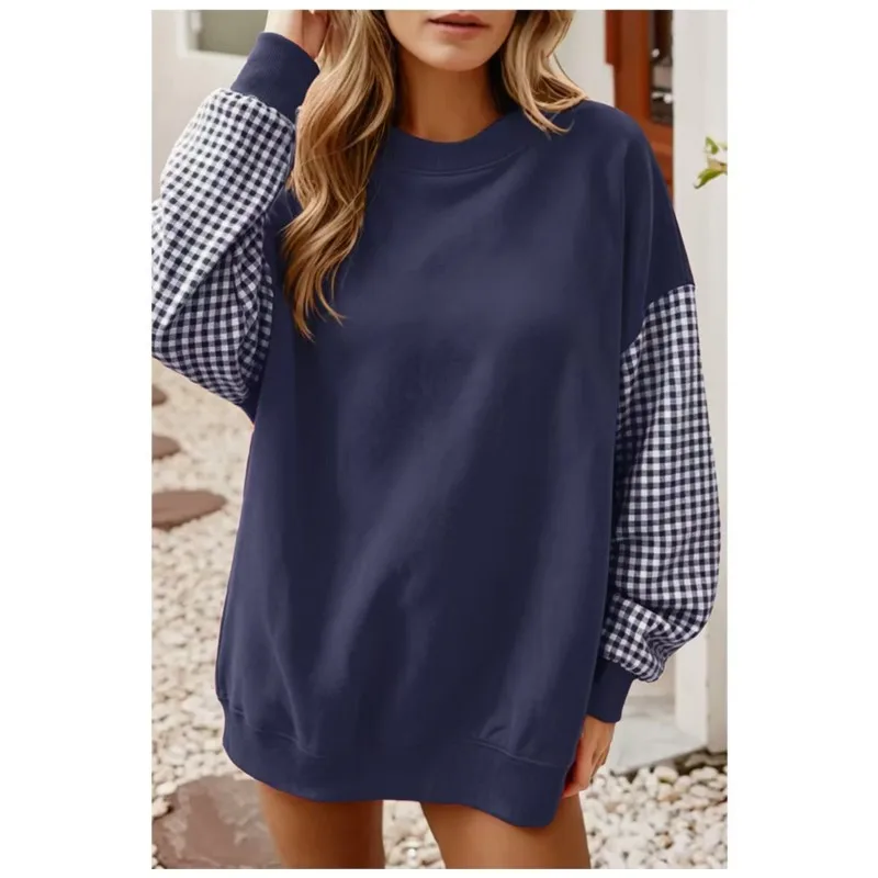 Fashion Checkered Printed Sportswear For Women Autumn Color Blocked O-neck Loose Long Sleeved Sweatshirt Lady Office Clothing