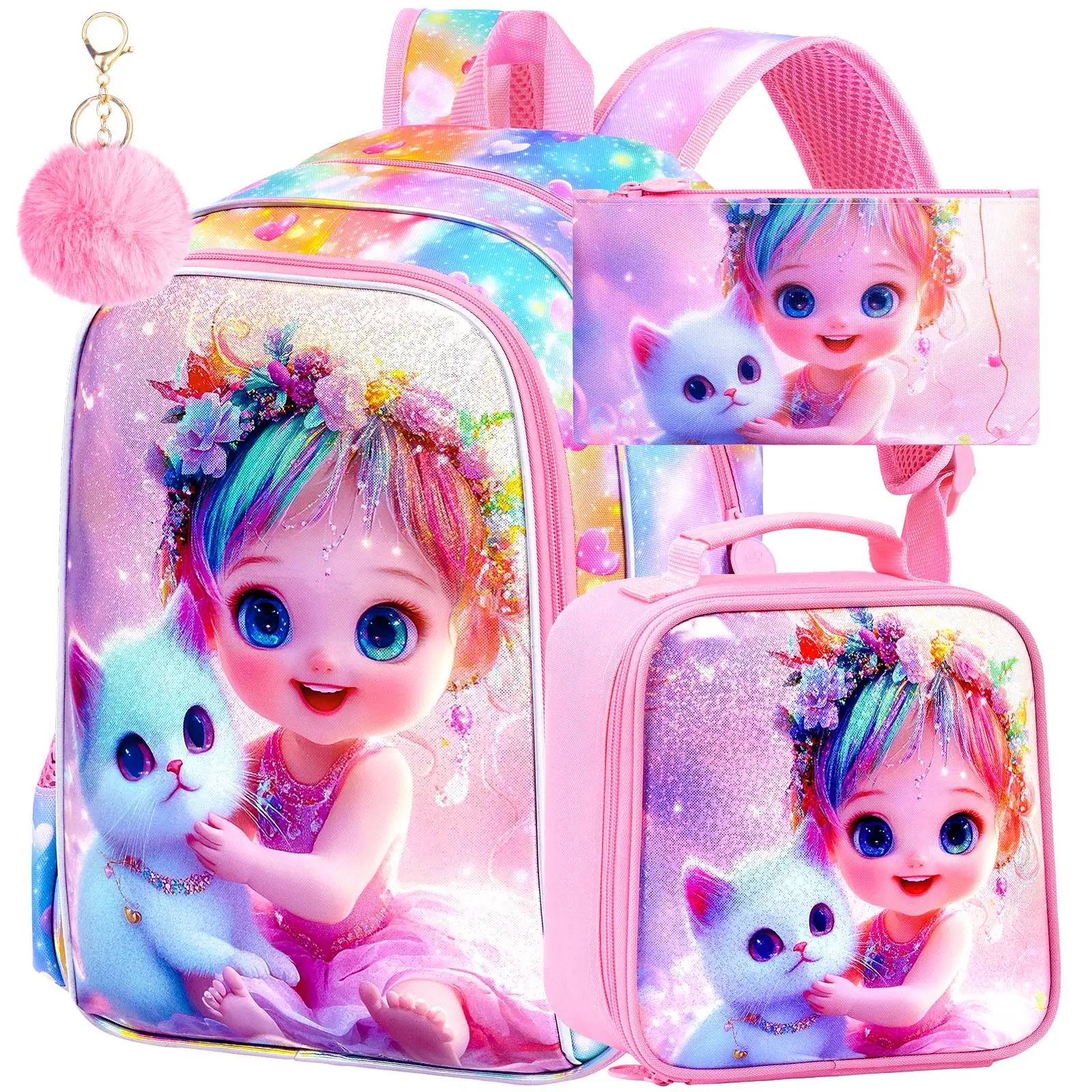 Kid's backpack 16 Inch 3PCS, UV Girl‑WhiteCat Print Large‑Capacity Lightweight Set, One Backpack, One Handbag, One Pencil Case