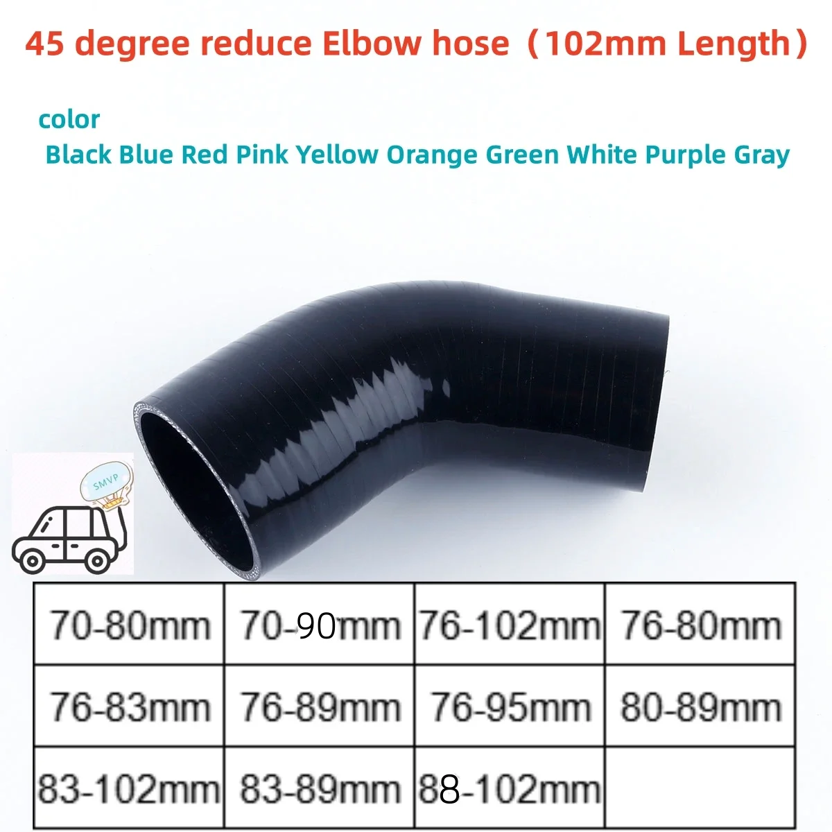 

3PLY 102mm Length 45 degree reducer elbow Silicone Hose ID 70-80 70-90 76-102 76-80 76-83 76-89 76-95 80-89 83-89 83-102 88-102