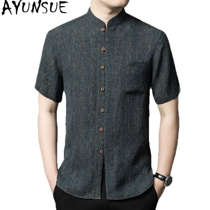 AYUNSUE High-end 100% Real Mulberry Silk Shirt for Men 2026 Fashion Summer Tops Gauze Silk Printed Shirts Stand Collar Tee Shirt