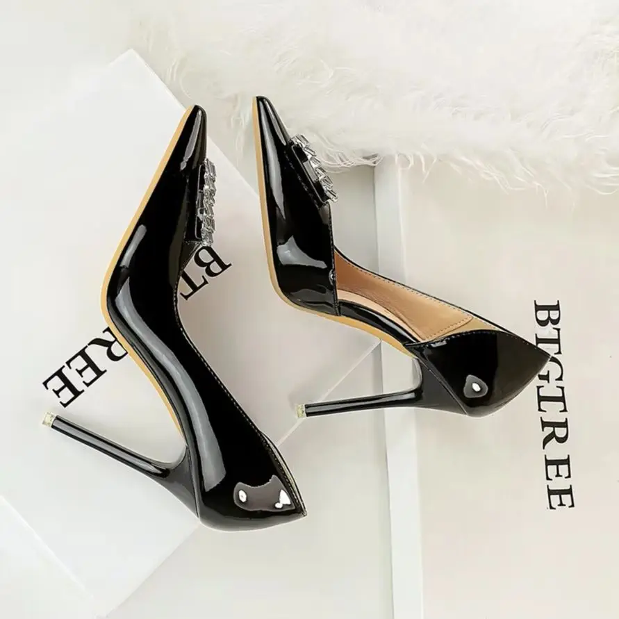 

Обувь BIGTREE, роскошные туфли-лодочки, женские туфли-лодочки на каблуке 10,5 см со стразами и пряжкой, женские туфли на шпильке из лакированной кожи, женская обувь на высоком каблуке