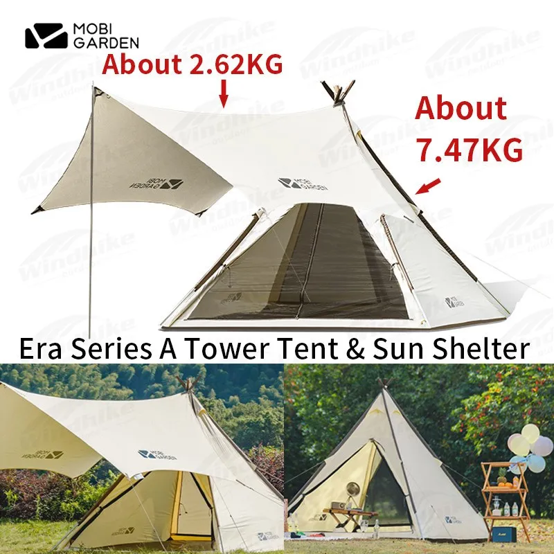 MOBI GARDEN Era A-shape Tower Tent Outdoor 2-4 Person Large Space Cotton Tent Aluminum Alloy Rod Thickening Waterproof Camping