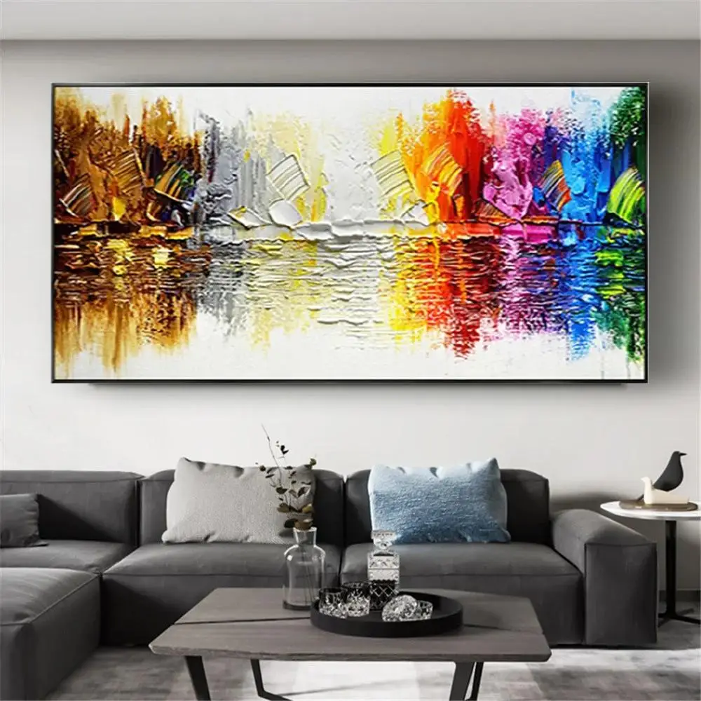 Large HandPainted Oil Painting on Canvas  Panoramic Colorful Texture Knife Painting of Lakeside Woods for Living Room Wall Decor