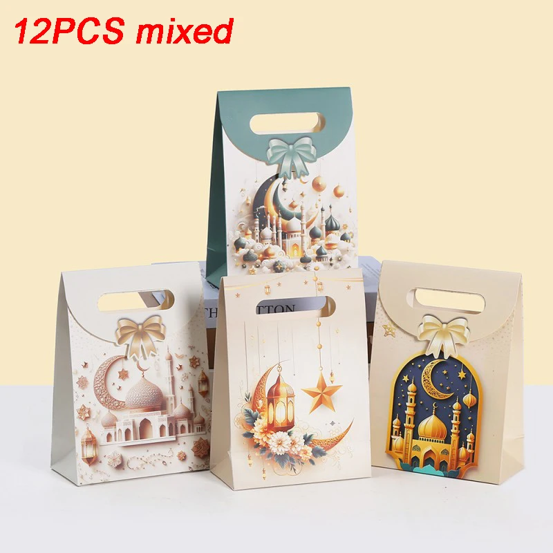 

12pcs Ramadan Mubarak Gift Tote Bags Decor Paper Bags with Handles for Eid al-Fitr Birthday Anniversary Winter Celebrations
