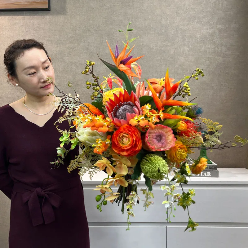 Classy bionic flowers suitable for living room, orange high-proof real flower art artificial flower ornaments