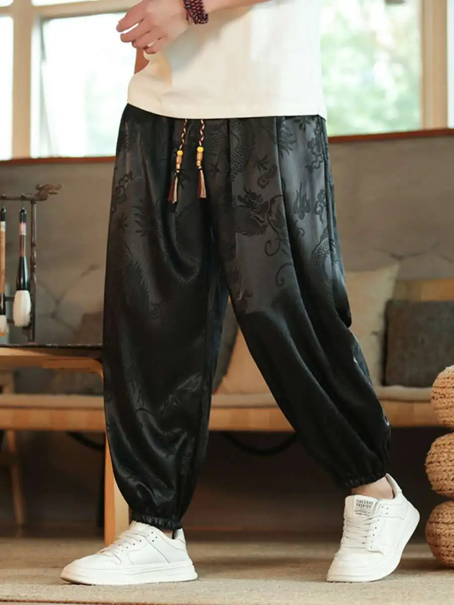 

Свободные мужские пляжные брюки из ледяного шелка, свободные леггинсы с цветком девять зубов k, длинные брюки-фонарики, удобные повседневные брюки