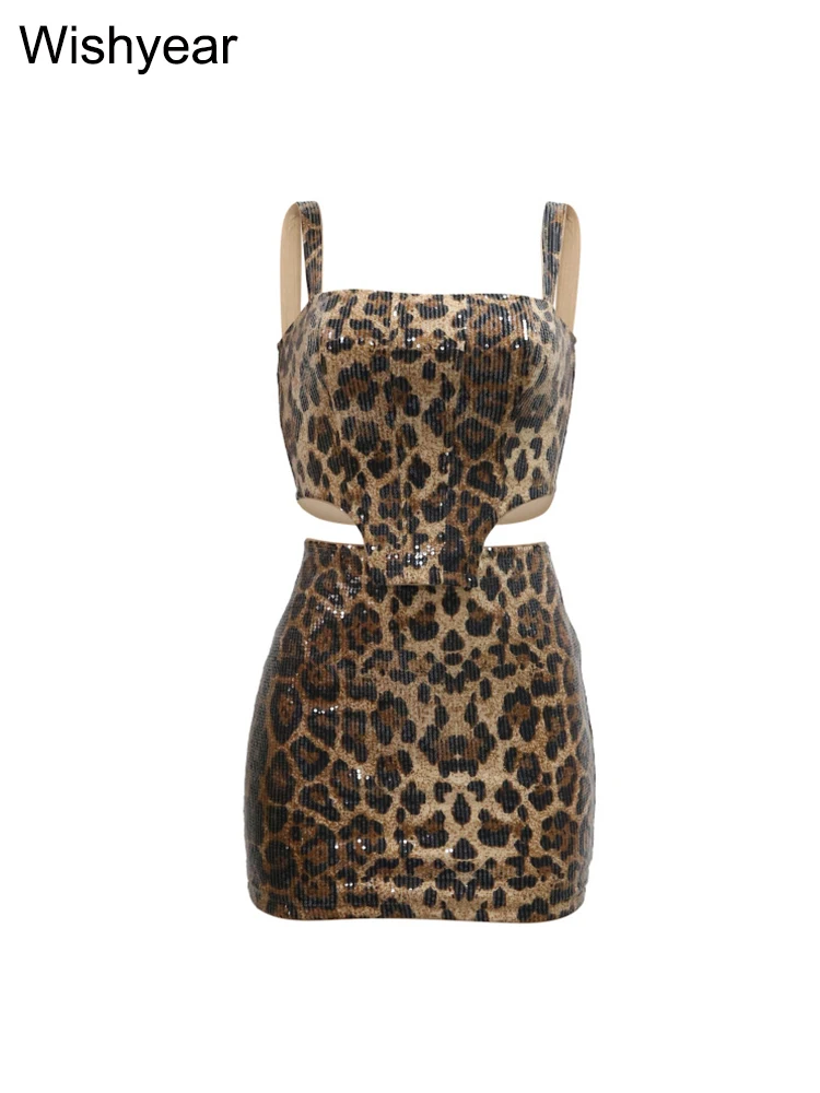 New Luxury Sequins Leopard Print Two 2 Pieces Women Dress Sets Strap Crop Tops and Mini Skirts Outfite Night Club Matching Suits