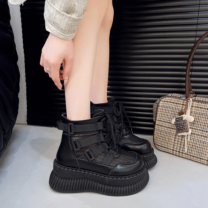 2025 nuevas botas frescas de verano para mujer, diseño de malla de cuero, cuñas transpirables, botines con plataforma que aumentan la altura, Ж Dönе Ботинки