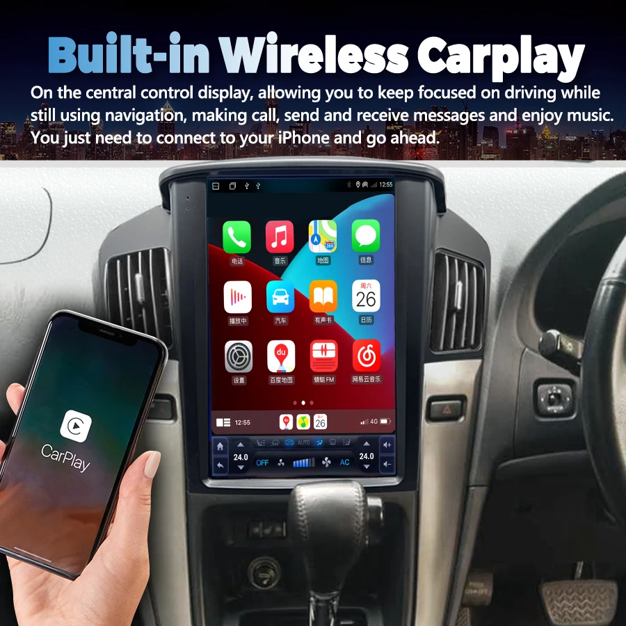 12.1'' Speaker Multimedia Android 14 Video Player For Lexus RX300 RX330 Toyota Harrier 1997-2003 Vertical Screen CarPlay 8+256GB