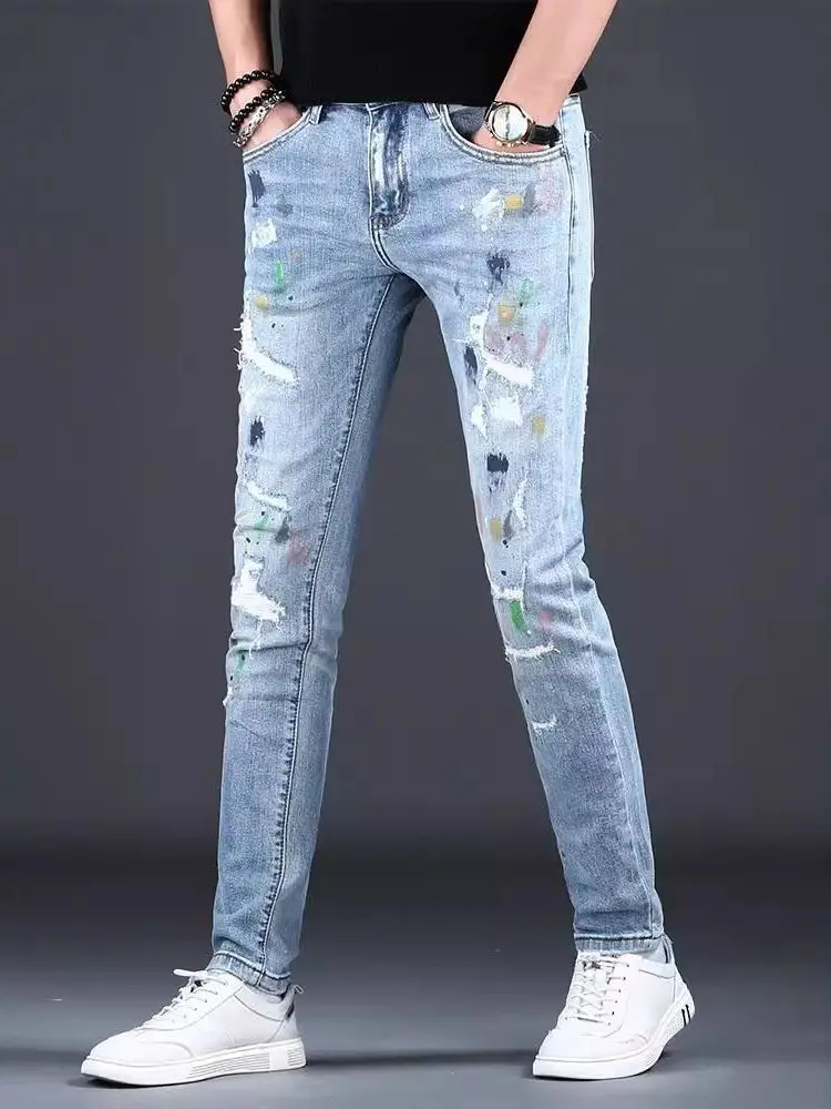 

Men's Summer New Sle Ripped Casual Jeans mid Waist Long Pants Cotton Stretch Denim Blue Jeans Trendy Small Straight Foot Pants