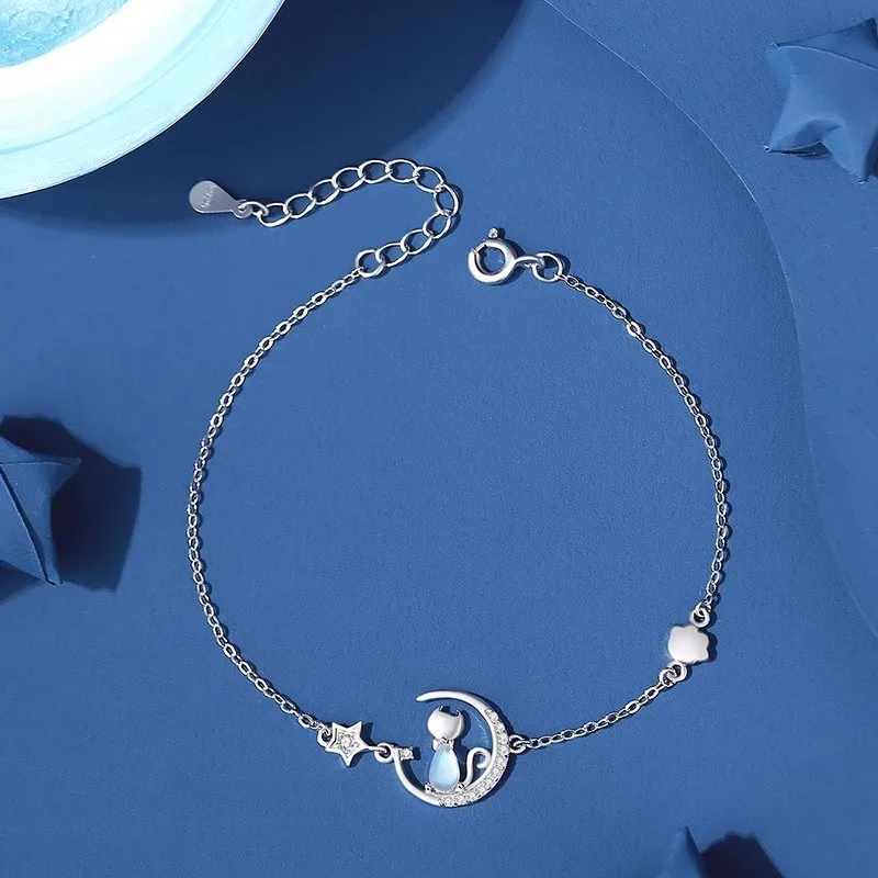 Women\'s European Sparkling S925 Sterling Silver Pave AAA CZ Cat Moon Jewelry Set - Necklace Earrings Bracelet for Birthday Gift