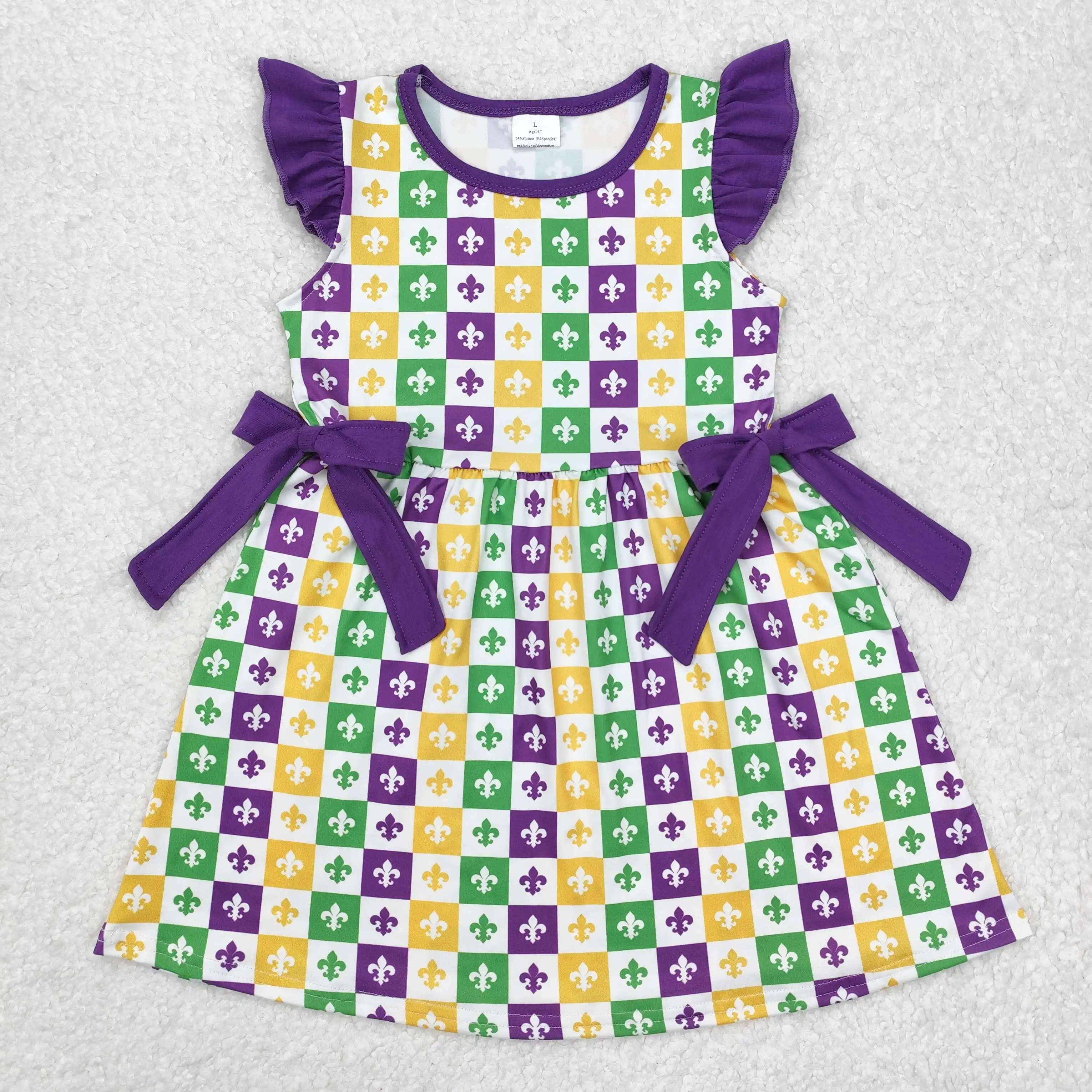 Anchor Plaid Print Girls Mardi Gras Knee Length Dress RTS Wholesale Boutique High Quality Factory Price Infants Holiday Clothes