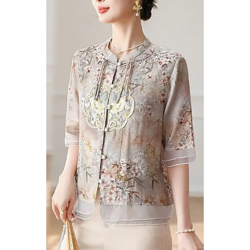 

2024 Summer New Chinese Style Crew Neck Pan Button Embroidery Spliced Gauze Elegant Loose Half Sleeve Women's Shirt Tops