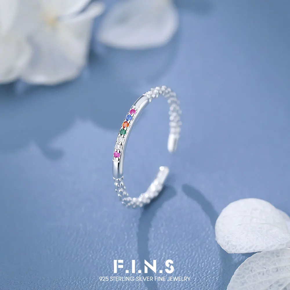 

F.I.N.S Luxury Sparkling Colored Zirconia Rings for Women S925Sterling Silver Korean Style Adjustable Slim Plain Open Band Gifts