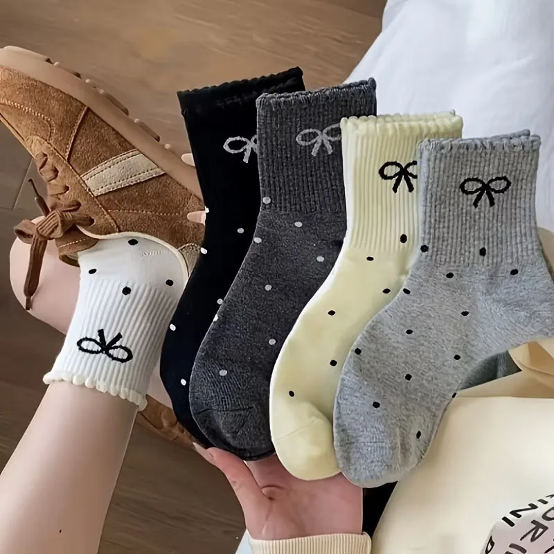 5 Pairs Girls Socks Cute Bow Polka Dot Pattern Flower Comfortable Breathable Kids Socks