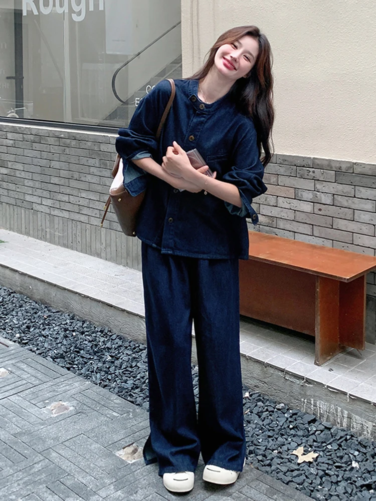 LANMREM Women Streetwear Denim Two-piece Set Stand Collar Long Sleeves Loose With Split Wide Leg Pants 2024 Autumn New 2Z2649