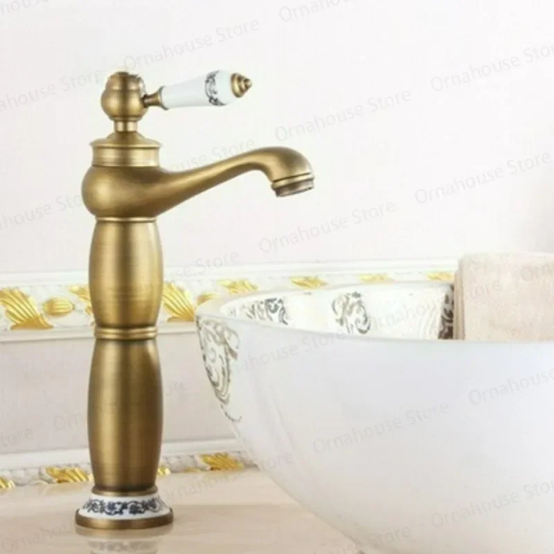 Vintage Brass Modern Single Hole Bathroom Faucet - Tall & Short Sink Tap for Hot/Cold Water Wash Basin