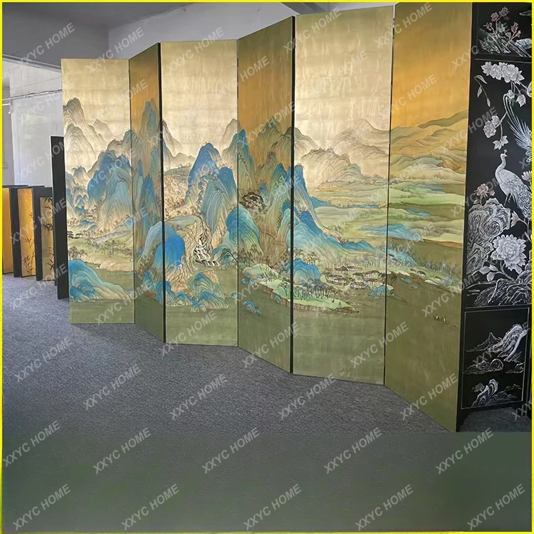 A Panorama of Rivers and Mountains Hand Painted Gold Foil Lacquer Painting Screen Solid Wood Mobile Folding Hallway Partition