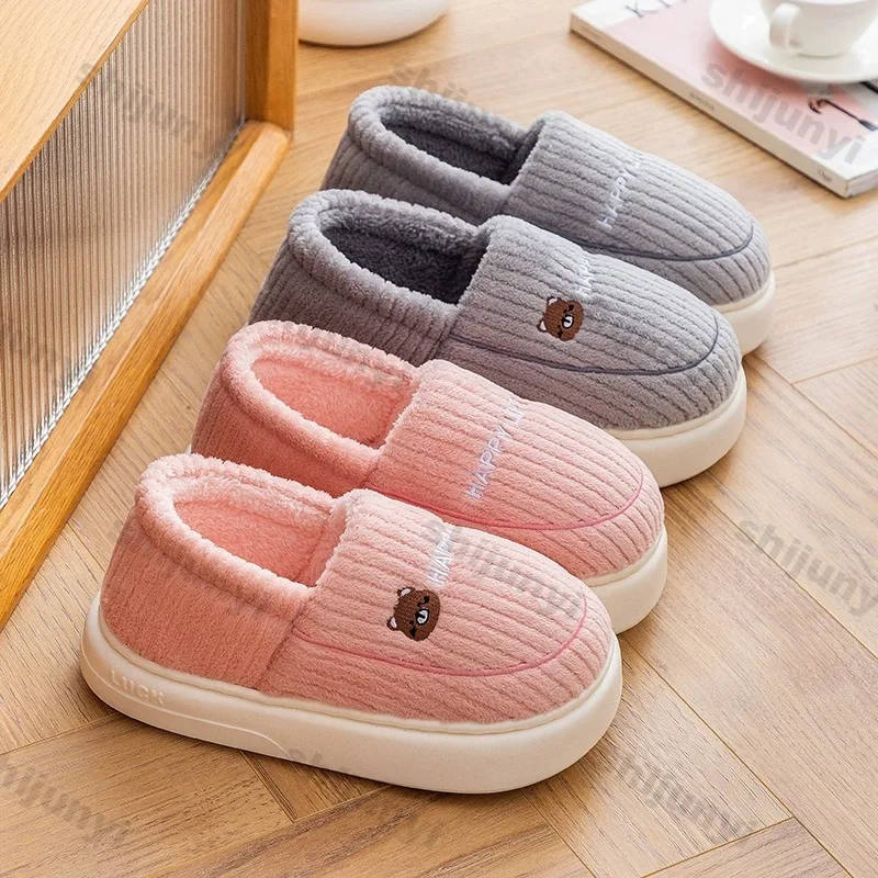 Flat Slippers Couple Autumn Winter 2025 Fashion Indoor Warm Cotton Shoes Women's Non Slip  Platform Velvet Home Floor Shoes