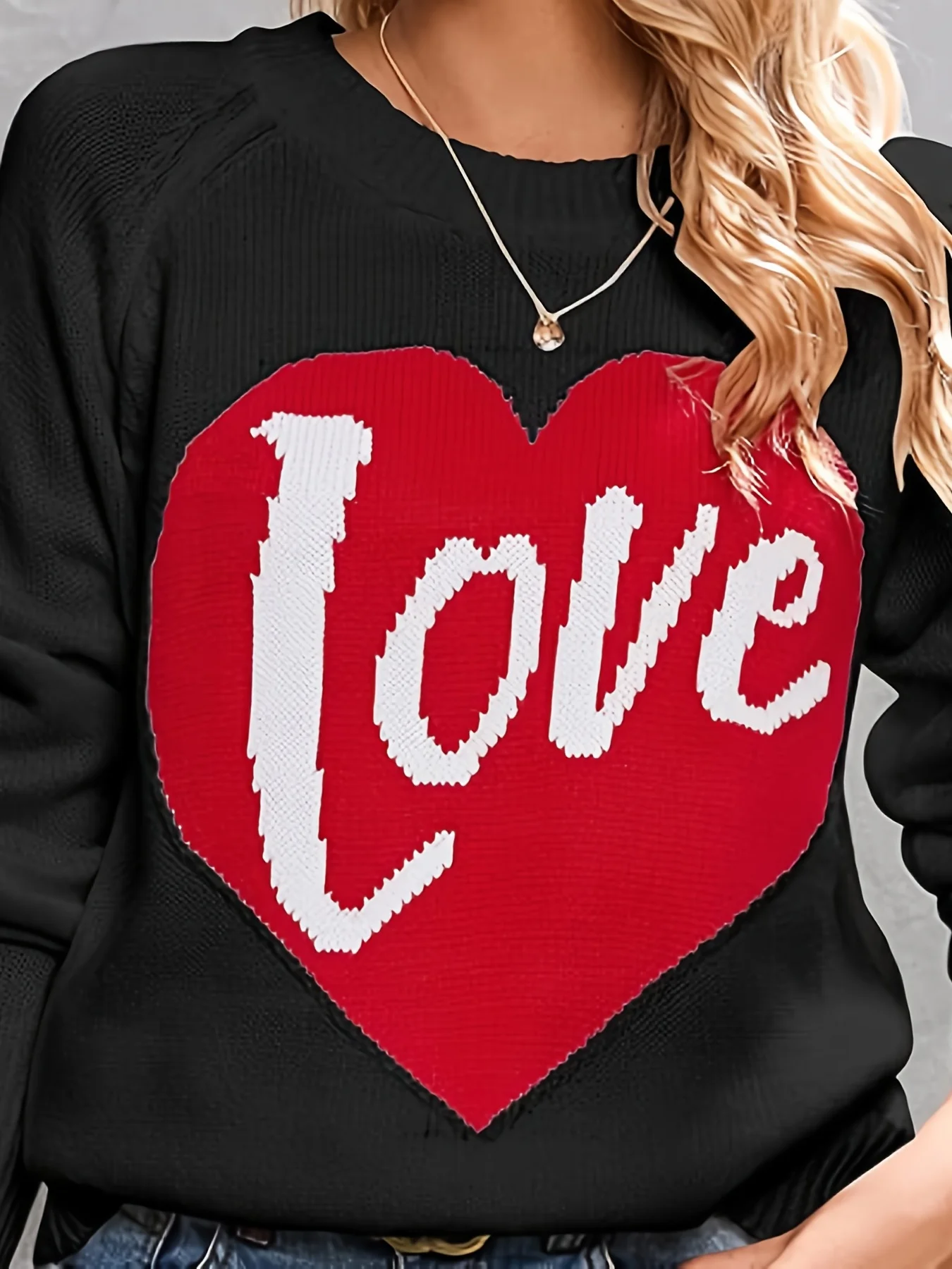 Heart pattern knitted sweater, casual round neck long sleeve sweater, women\'s clothing