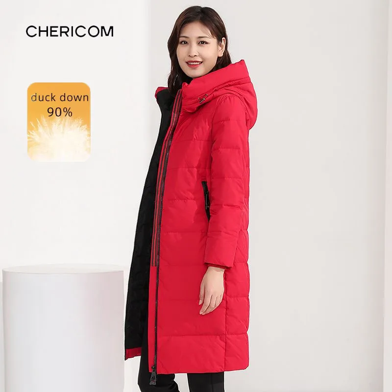 

Chericom Women's Red Long Hooded Down Jacket Winter Hooded Puffer Jacket Mid-length Down Coat Winterproof Padded Coat Y278157Y