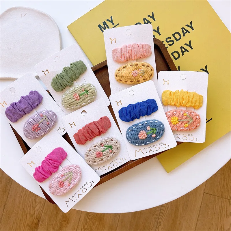 

2pcs Woolen Handmade Embroidery Flower Baby Girl Hairpins Barrettes Korean Girls Candy Color Floral Kids Baby Hair Accessories