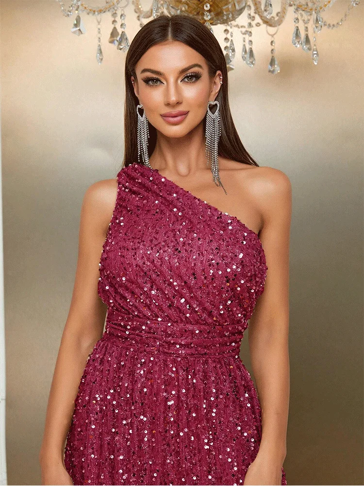 One-shoulder rose red off-shoulder shiny sequin evening dress for women spring and summer shiny multi-color banquet Prom Gown