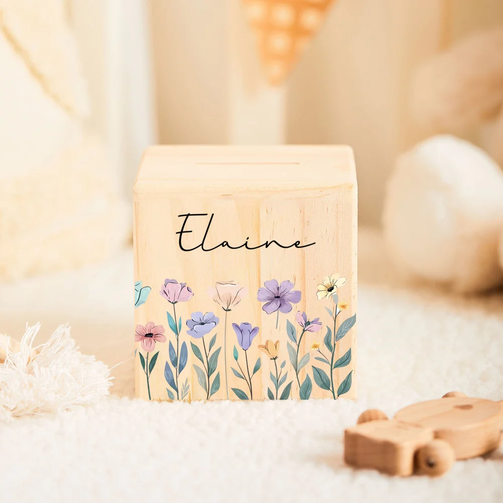 صندوق نقود خشبي مخصص على شكل حصالة على شكل حيوان مع اسم صندوق نقود بنمط زهرة أنيقة هدية عيد للأطفال على شكل حصالة على شكل حيوان للأطفال #4